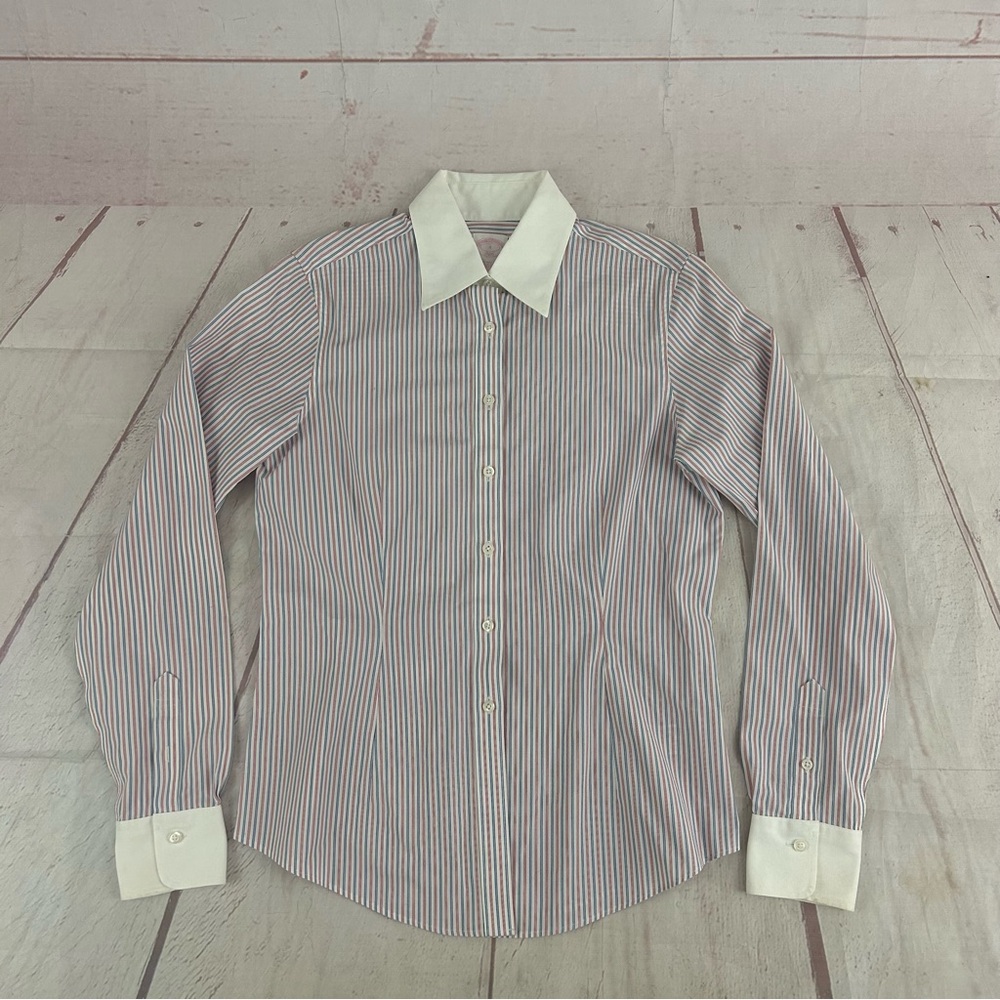 Brooks Brothers 346 Women's Size 4 Fitted Non-Iron Button Up Shirt Striped Blue